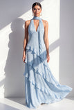 Yellow A-Line Halter Neck Maxi Dress with Ruffles