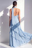 Yellow A-Line Halter Neck Maxi Dress with Ruffles