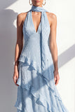 Yellow A-Line Halter Neck Maxi Dress with Ruffles