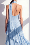 Yellow A-Line Halter Neck Maxi Dress with Ruffles