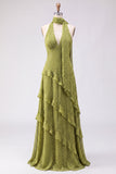 Yellow A-Line Halter Neck Maxi Dress with Ruffles