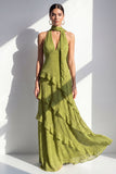 Yellow A-Line Halter Neck Maxi Dress with Ruffles