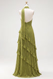 Yellow A-Line Halter Neck Maxi Dress with Ruffles