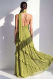 Yellow A-Line Halter Neck Maxi Dress with Ruffles