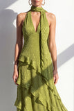 Yellow A-Line Halter Neck Maxi Dress with Ruffles