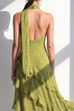 Yellow A-Line Halter Neck Maxi Dress with Ruffles