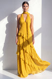 Yellow A-Line Halter Neck Maxi Dress with Ruffles