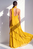 Yellow A-Line Halter Neck Maxi Dress with Ruffles