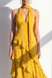Yellow A-Line Halter Neck Maxi Dress with Ruffles