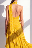 Yellow A-Line Halter Neck Maxi Dress with Ruffles