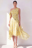 Yellow One Shoulder A-Line Chiffon Asymmetrical Midi Floral Dress