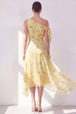 Yellow One Shoulder A-Line Chiffon Asymmetrical Midi Floral Dress