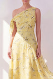 Yellow One Shoulder A-Line Chiffon Asymmetrical Midi Floral Dress