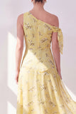 Yellow One Shoulder A-Line Chiffon Asymmetrical Midi Floral Dress