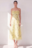 Yellow Strapless A-Line Chiffon Ruffled Midi Floral Dress