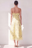 Yellow Strapless A-Line Chiffon Ruffled Midi Floral Dress