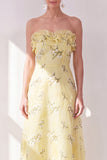 Yellow Strapless A-Line Chiffon Ruffled Midi Floral Dress