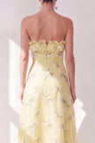 Yellow Strapless A-Line Chiffon Ruffled Midi Floral Dress