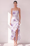 Lilac Sheath Spaghetti Straps Chiffon Midi Floral Dress with Ruffle Slit