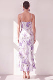 Lilac Sheath Spaghetti Straps Chiffon Midi Floral Dress with Ruffle Slit