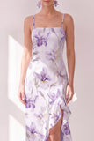 Lilac Sheath Spaghetti Straps Chiffon Midi Floral Dress with Ruffle Slit