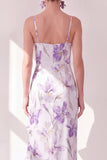 Lilac Sheath Spaghetti Straps Chiffon Midi Floral Dress with Ruffle Slit