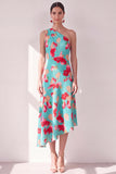 Blue Red Flower One Shoulder A-Line Asymmetrical Midi Floral Dress