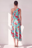 Blue Red Flower One Shoulder A-Line Asymmetrical Midi Floral Dress