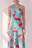 Blue Red Flower One Shoulder A-Line Asymmetrical Midi Floral Dress
