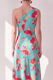 Blue Red Flower One Shoulder A-Line Asymmetrical Midi Floral Dress