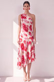Blue Red Flower One Shoulder A-Line Asymmetrical Midi Floral Dress