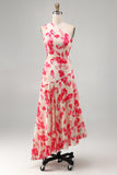Blue Red Flower One Shoulder A-Line Asymmetrical Midi Floral Dress