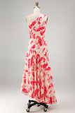 Blue Red Flower One Shoulder A-Line Asymmetrical Midi Floral Dress