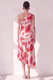 Blue Red Flower One Shoulder A-Line Asymmetrical Midi Floral Dress