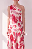 Blue Red Flower One Shoulder A-Line Asymmetrical Midi Floral Dress