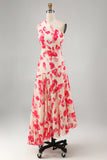 Blue Red Flower One Shoulder A-Line Asymmetrical Midi Floral Dress