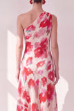 Blue Red Flower One Shoulder A-Line Asymmetrical Midi Floral Dress