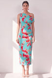 Blue One Shoulder Sheath Midi Floral Dress
