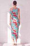 Blue One Shoulder Sheath Midi Floral Dress