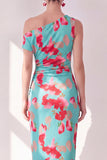 Blue One Shoulder Sheath Midi Floral Dress