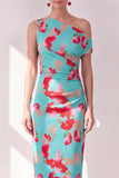 Blue One Shoulder Sheath Midi Floral Dress