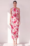 Blue One Shoulder Sheath Midi Floral Dress