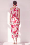 Blue One Shoulder Sheath Midi Floral Dress