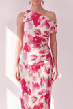 Blue One Shoulder Sheath Midi Floral Dress