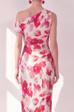 Blue One Shoulder Sheath Midi Floral Dress