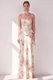 Strapless Apricot Corset Sheath Maxi Floral Dress with a Neck Scarf
