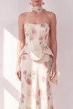 Strapless Apricot Corset Sheath Maxi Floral Dress with a Neck Scarf