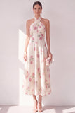 Apricot Halter A-Line Midi Floral Dress