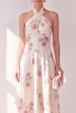 Apricot Halter A-Line Midi Floral Dress