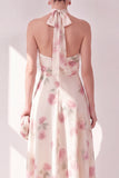 Apricot Halter A-Line Midi Floral Dress